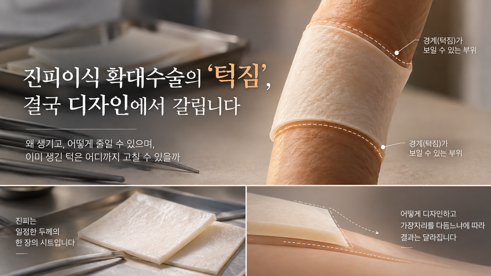 진피이식 음경확대수술 후 턱짐이 발생하는 원인과 진피 가장자리 디자인을 통한 경계 완화 원리를 설명하는 의료 일러스트